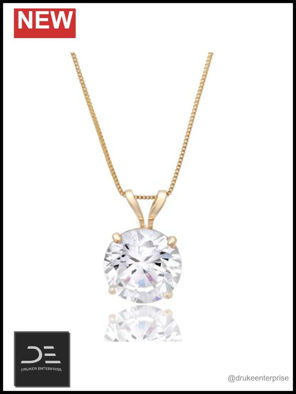 14k Gold 8mm CZ Solitaire Pendant Necklace 18" Chain